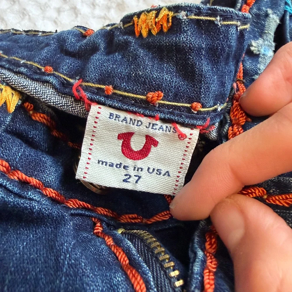 True Religion Dark Blue Yellow & Orange Embroidered Jeans - Picture 7 of 7